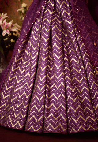 Purple Wine Pleated Brocade Lehenga Set by Shyam Narayan Prasad available on Indiaspopup.com