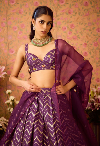 Purple Wine Pleated Brocade Lehenga Set by Shyam Narayan Prasad available on Indiaspopup.com