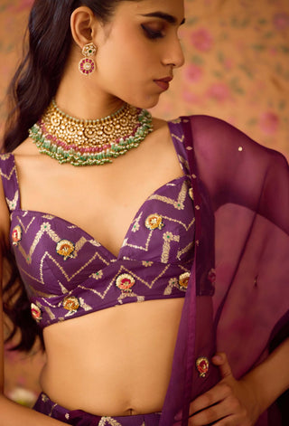 Purple Wine Pleated Brocade Lehenga Set by Shyam Narayan Prasad available on Indiaspopup.com