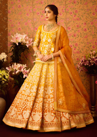 Yellow Orange Choli And Lehenga Set by Shyam Narayan Prasad available on Indiaspopup.com