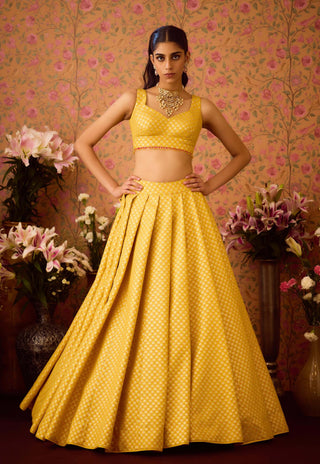 Maize Yellow Lehenga Set by Shyam Narayan Prasad available on Indiaspopup.com