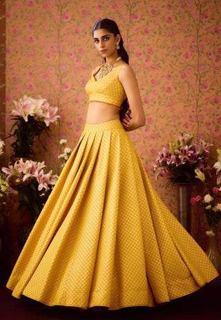 Maize Yellow Lehenga Set by Shyam Narayan Prasad available on Indiaspopup.com