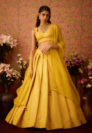 Maize Yellow Lehenga Set by Shyam Narayan Prasad available on Indiaspopup.com