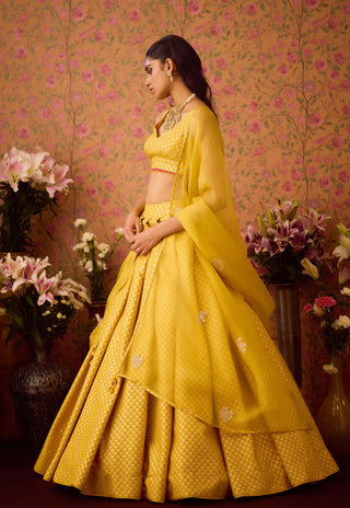 Maize Yellow Lehenga Set by Shyam Narayan Prasad available on Indiaspopup.com