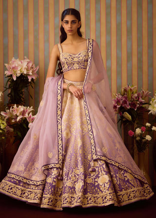 Lilac Mauve Gold Lehenga Set by Shyam Narayan Prasad available on Indiaspopup.com