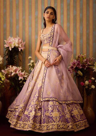 Lilac Mauve Gold Lehenga Set by Shyam Narayan Prasad available on Indiaspopup.com