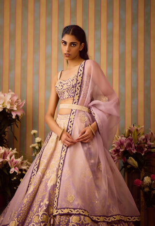 Lilac Mauve Gold Lehenga Set by Shyam Narayan Prasad available on Indiaspopup.com