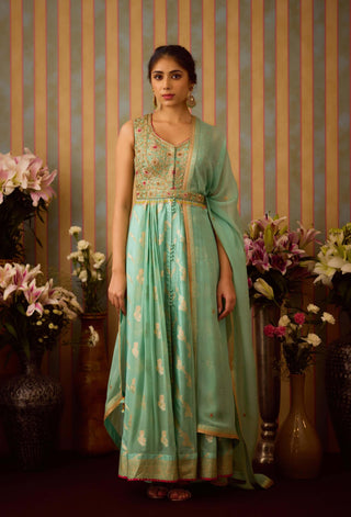 Gray Green Embroidered Anarkali Set by Shyam Narayan Prasad available on Indiaspopup.com