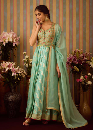 Gray Green Embroidered Anarkali Set by Shyam Narayan Prasad available on Indiaspopup.com