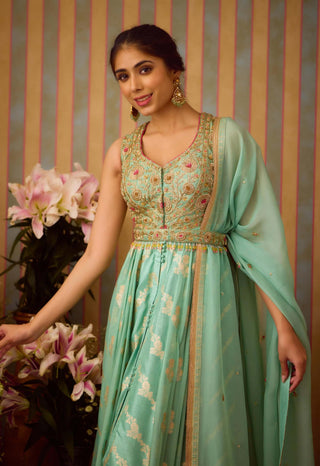 Gray Green Embroidered Anarkali Set by Shyam Narayan Prasad available on Indiaspopup.com