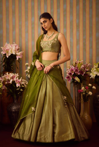 Garden Green Pleated Lehenga Set by Shyam Narayan Prasad available on Indiaspopup.com