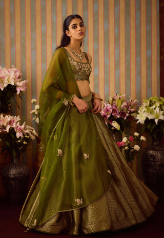 Garden Green Pleated Lehenga Set by Shyam Narayan Prasad available on Indiaspopup.com