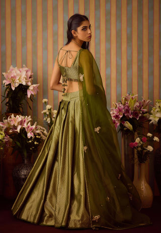 Garden Green Pleated Lehenga Set by Shyam Narayan Prasad available on Indiaspopup.com