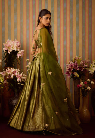 Garden Green Pleated Lehenga Set by Shyam Narayan Prasad available on Indiaspopup.com