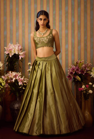 Garden Green Pleated Lehenga Set by Shyam Narayan Prasad available on Indiaspopup.com