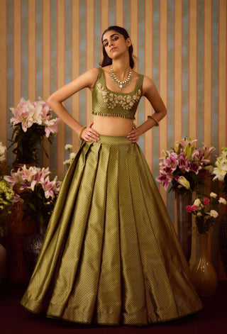 Garden Green Pleated Lehenga Set by Shyam Narayan Prasad available on Indiaspopup.com