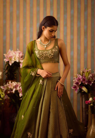 Garden Green Pleated Lehenga Set by Shyam Narayan Prasad available on Indiaspopup.com