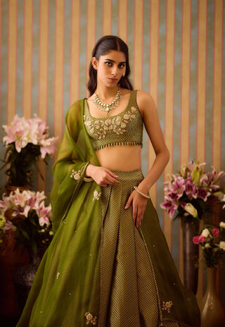 Garden Green Pleated Lehenga Set by Shyam Narayan Prasad available on Indiaspopup.com