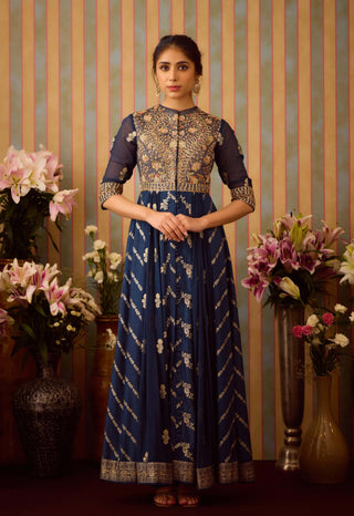 Midnight Blue Anarkali Suit by Shyam Narayan Prasad available on Indiaspopup.com