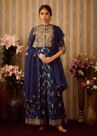 Midnight Blue Anarkali Suit by Shyam Narayan Prasad available on Indiaspopup.com