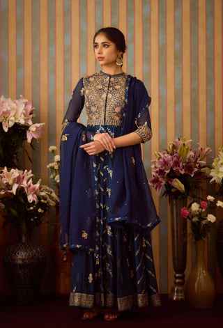 Midnight Blue Anarkali Suit by Shyam Narayan Prasad available on Indiaspopup.com