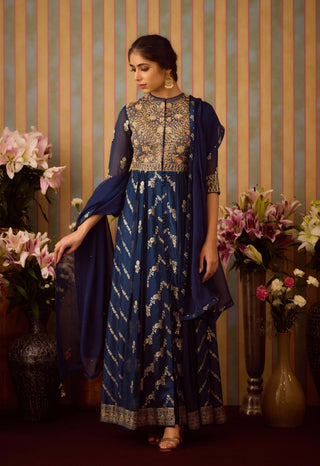 Midnight Blue Anarkali Suit by Shyam Narayan Prasad available on Indiaspopup.com