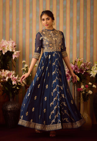 Midnight Blue Anarkali Suit by Shyam Narayan Prasad available on Indiaspopup.com