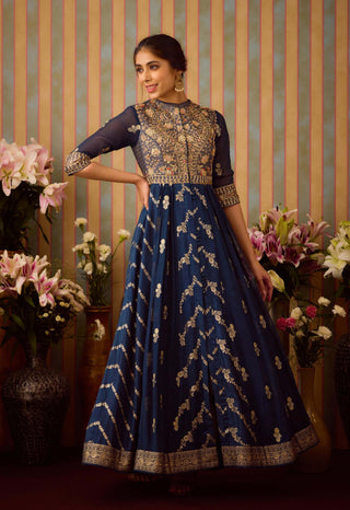 Midnight Blue Anarkali Suit by Shyam Narayan Prasad available on Indiaspopup.com