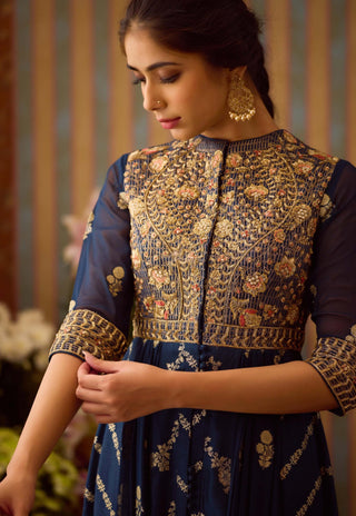 Midnight Blue Anarkali Suit by Shyam Narayan Prasad available on Indiaspopup.com