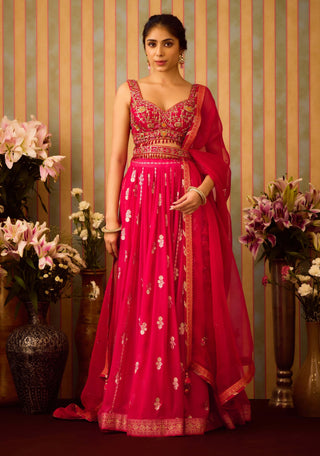 Scarlet Red Maroon Lehenga Set by Shyam Narayan Prasad available on Indiaspopup.com