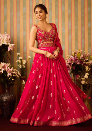 Scarlet Red Maroon Lehenga Set by Shyam Narayan Prasad available on Indiaspopup.com