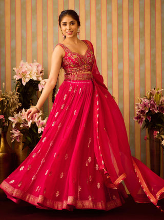 Scarlet Red Maroon Lehenga Set by Shyam Narayan Prasad available on Indiaspopup.com