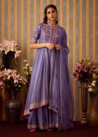 Peri Purple Anarkali Sharara Set by Shyam Narayan Prasad available on Indiaspopup.com