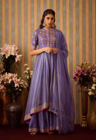 Peri Purple Anarkali Sharara Set by Shyam Narayan Prasad available on Indiaspopup.com