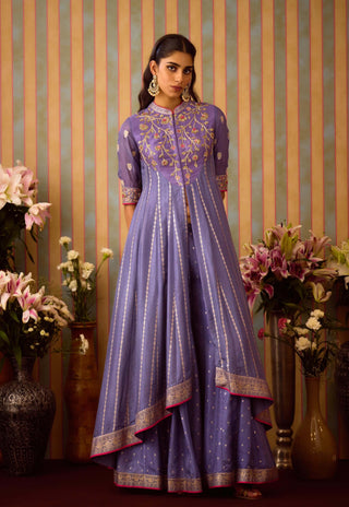 Peri Purple Anarkali Sharara Set by Shyam Narayan Prasad available on Indiaspopup.com