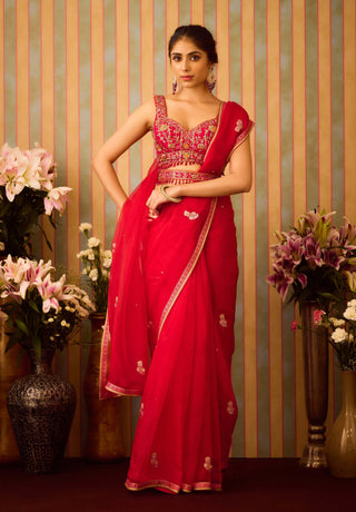 Scarlet Red Maroon Sari Set by Shyam Narayan Prasad available on Indiaspopup.com