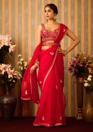 Scarlet Red Maroon Sari Set by Shyam Narayan Prasad available on Indiaspopup.com