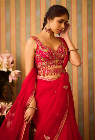 Scarlet Red Maroon Sari Set by Shyam Narayan Prasad available on Indiaspopup.com