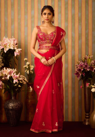 Scarlet Red Maroon Sari Set by Shyam Narayan Prasad available on Indiaspopup.com