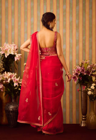 Scarlet Red Maroon Sari Set by Shyam Narayan Prasad available on Indiaspopup.com