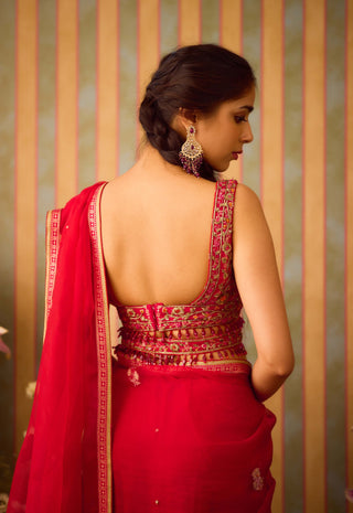 Scarlet Red Maroon Sari Set by Shyam Narayan Prasad available on Indiaspopup.com