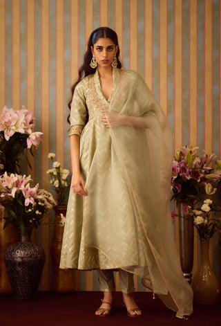 Smoke Green Angrakha Set by Shyam Narayan Prasad available on Indiaspopup.com