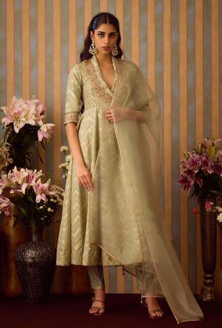 Smoke Green Angrakha Set by Shyam Narayan Prasad available on Indiaspopup.com