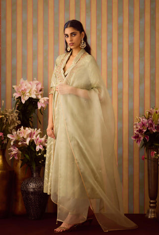 Smoke Green Angrakha Set by Shyam Narayan Prasad available on Indiaspopup.com