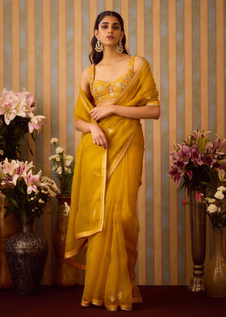 Mustard Yellow Sari Set by Shyam Narayan Prasad available on Indiaspopup.com