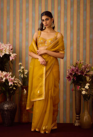 Mustard Yellow Sari Set by Shyam Narayan Prasad available on Indiaspopup.com