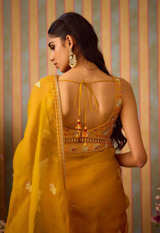 Mustard Yellow Sari Set by Shyam Narayan Prasad available on Indiaspopup.com