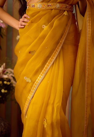 Mustard Yellow Sari Set by Shyam Narayan Prasad available on Indiaspopup.com