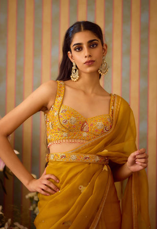 Mustard Yellow Sari Set by Shyam Narayan Prasad available on Indiaspopup.com