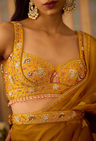 Mustard Yellow Sari Set by Shyam Narayan Prasad available on Indiaspopup.com